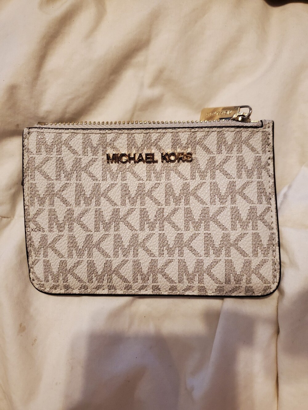 Michael Kors Beige/Cream MK Logo Zip Pouch with Gold Hardware